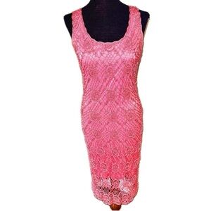 Kroshetta by Papillon VTG Pink Hand Crocheted Floral Lace & Beaded Dress SZ M